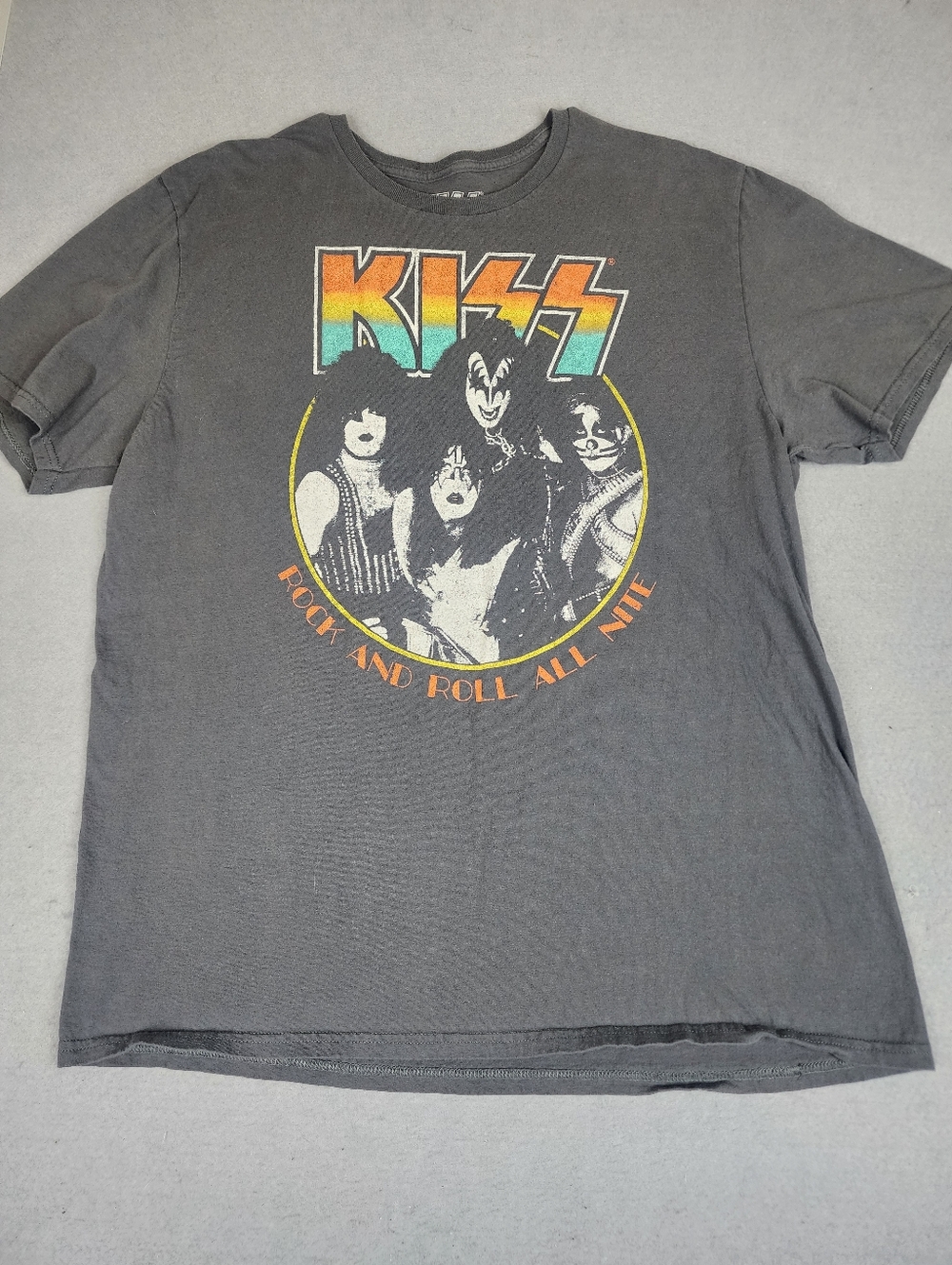 Kiss Tee - Black with Orange Yellow Teal Graphic Rock And Roll All Nite XL